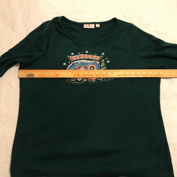 QF forest green 3/4 sleeve top with holiday camper — sparkly! (XL) - Picture 7 of 16